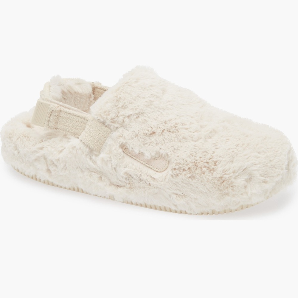Nike calm faux fur Cream Fuzzy Slip-On Slippers
